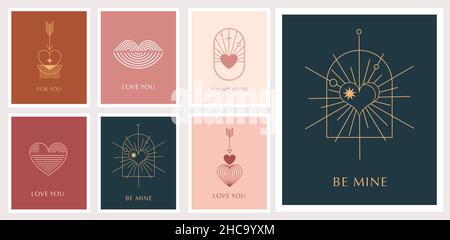 Minimalistische böhmische Grußkarten zum Valentinstag, Wandbilder. Herz, Lippen, Sonne und Regenbogen, Designvorlagen, geometrisches abstraktes Design Stock Vektor