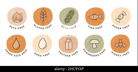 Symbol für handgezeichnete Allergene. Sammlung von glutenfreien, Fisch, Ei, Nüssen, Soja, Milch, milchfreie Symbole, Aufkleber und Symbole Stock Vektor