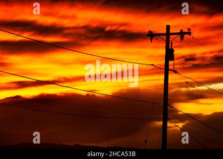 Stromübertragungsleitungen bei Sonnenuntergang Stockfoto