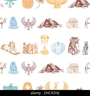 Nahtloses Muster von handgezeichneten Skizze Stil ägyptischen Themen Objekte isoliert auf weißem Hintergrund. Vektorgrafik. Stock Vektor