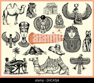 Set von handgezeichneten Skizze Stil ägyptischen Themen-Objekte. Vektorgrafik. Stock Vektor