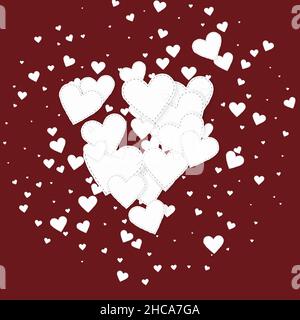 Weißes Herz liebt Konfettis. Valentinstag Explosion verlockend Hintergrund. Fallende genähte Papier Herzen Konfetti auf kastanienbraunen Hintergrund. Klassische Vektorgrafik. Stock Vektor