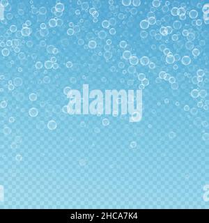 Seifenblasen abstrakter Hintergrund. Blasen von Blasen auf transparentem blauem Hintergrund. Erstaunliche Seifenschaum-Overlay-Schablone. Posh Vektordarstellung. Stock Vektor