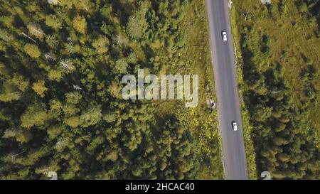 Fliegen Sie über die schönen Waldbäume und die Straße. Luftaufnahme. Auto auf einer kurvenreichen Straße in den Hügeln. Luftkamera aufgenommen. Panorama im Landschaftsformat. Luftaufnahme Stockfoto