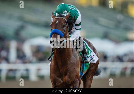 Arcardia, Kalifornien, USA. 26th Dez 2021. 26. Dezember 2021: Flightline #5, geritten von Jockey Flavien Prat, gewinnt am Eröffnungstag im Santa Anita Park in Arcadia, Kalifornien, am 26th. Dezember 2021 die Malibu Stakes (Grad 1). Alex Evers/Eclipse Sportswire/CSM/Alamy Live News Stockfoto