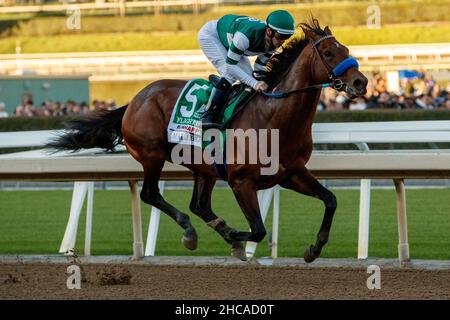 Arcardia, Kalifornien, USA. 26th Dez 2021. 26. Dezember 2021: Flightline #5, geritten von Jockey Flavien Prat, gewinnt am Eröffnungstag im Santa Anita Park in Arcadia, Kalifornien, am 26th. Dezember 2021 die Malibu Stakes (Grad 1). Casey Phillips/Eclipse Sportswire/CSM/Alamy Live News Stockfoto