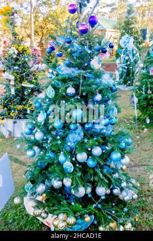 Weihnachtsbäume schmücken den Water Tower Plaza, 24. Dezember 2021, in Dauphin Island, Alabama. Stockfoto