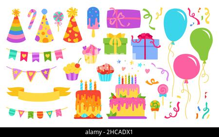 Geburtstagsfeier Überraschung Cartoon-Set. Feiern Sie Kuchen, Geschenk, Süßigkeiten Muffin, Ballon Gruß Jubiläumskollektion. Feier Girlande, Band, Elemente für Karte, Einladung Design Dekoration Stock Vektor