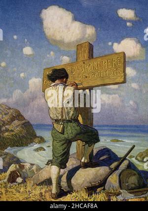 Die Bildunterschrift von NC Wyeth, die die Geschichte von Robinson Crusoe von Daniel Defoe begleitet, lautet: „und als ich es zu einem großen Kreuz machte, richtete ich es am Ufer auf, wo ich zum ersten Mal gelandet bin.“ Die Bildunterschrift Robinson Crusoe ist ein Roman des englischen Schriftstellers Daniel Defoe, der 1719 veröffentlicht wurde. Die fiktive Autobiographie erzählt die Geschichte eines englischen Schiffbrüchers namens Robinson Crusoe (hier mit seinem Vater zu sehen), der 28 Jahre auf einer abgelegenen tropischen Insel in der Nähe von Venezuela verbrachte, bevor er gerettet wurde. Newell Convers Wyeth, bekannt als N. C. Wyeth, war ein amerikanischer Künstler und Illustrator. Er war der Welpen Stockfoto