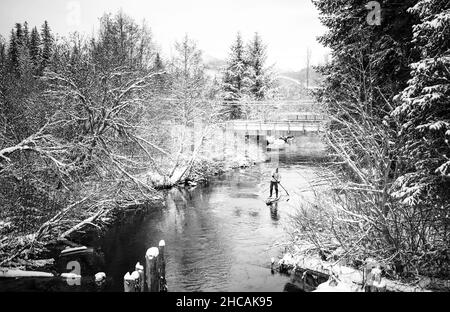 Ein Paddelboarder paddelt während eines Schneesturms einen kanadischen Fluss hinauf. Whistler, BC, Kanada. Stockfoto