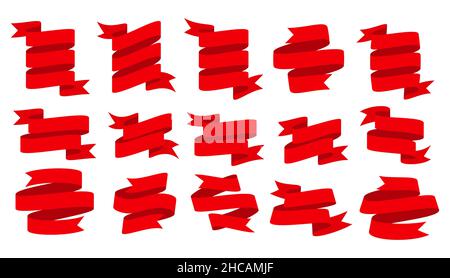 Band rot Urlaub Verkauf Partei fließende Wohnung gesetzt. Vintage Verkauf Bannerform. Festliches Website-Design-Element. Nachrichten Postkarte Rabatt weihnachtsdekor. Heller Wappentisch isoliert auf weißem Hintergrund Stock Vektor