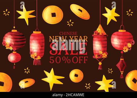 Aquarell chinesischen Neujahr Verkauf horizontale Banner abstraktes Design Vektor Illustration Stock Vektor