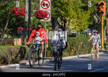 Leute, die an einem sonntag auf dem Paseo de Montejo, Merida, Mexiko, Radfahren Stockfoto