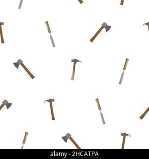 Schnittmuster aus Meißel mit Holzgriff, Axt mit Holzgriff und Hammer mit Holzgriff in realistischem Design. Auf weißem Hintergrund. Flacher Vektor Stock Vektor