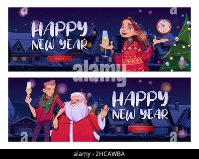 Frohes neues Jahr Web-Banner, Party-Feier. Fröhlicher Weihnachtsmann, Mann und Frau tragen Strickpullover trinken Champagner auf Nacht Winter Straße, Frohe Weihnachten Grüße, Cartoon-Vektor-Illustration Stock Vektor