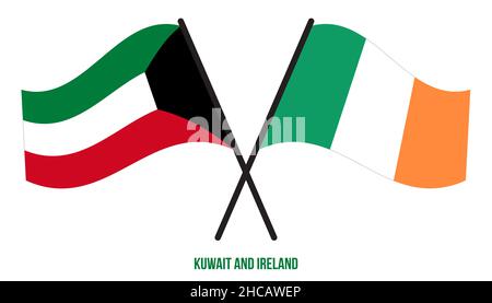 Kuwait und Irland Flaggen gekreuzt und winkend Flat Style. Offizieller Anteil. Korrigieren Sie Die Farben. Stock Vektor