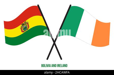 Bolivien und Irland Flaggen gekreuzt und winkend Flat Style. Offizieller Anteil. Korrigieren Sie Die Farben. Stock Vektor