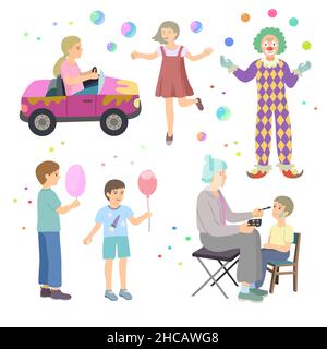 Vergnügungspark Vektorset. Sammlung von Illustrationen über Kinderparty. Glückliche Kinder mit Ballon und Zuckerwatte und Clown. Stock Vektor