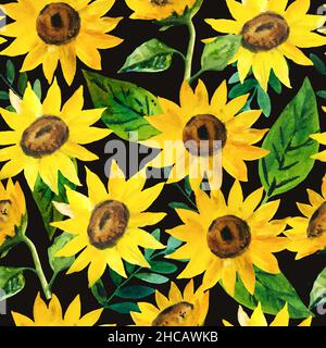 Aquarell-Nahtloses Muster mit leuchtend gelben Sonnenblumen und grünen Blättern Stockfoto