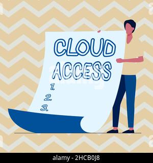 Konzeptioneller Titel Cloud Access. Wort für Software-Tool zwischen der Organisation und dem Anbieter man Standing Holding Large Blank Paper Showing New Stockfoto