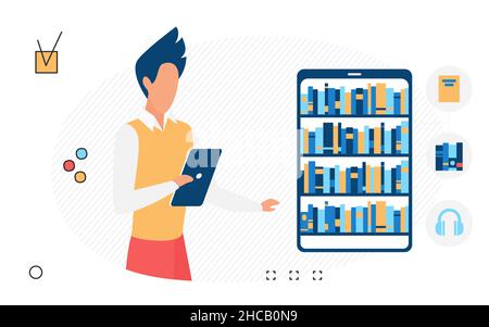 Digitale Bildung Aufnahme Hörbücher hören. Gesprochene Version des Buches auf elektronischem Gerät mit Stock Vektor