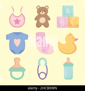 Baby-Symbol auf gelbem Hintergrund eingestellt Stock Vektor