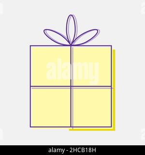 Hellgelbe Geschenkbox. Elegante Schleife und dünnes Band zur Deckelsicherung. Nahaufnahme. Vorne oben. Lineare und flache trendige Designvorlage. Linearer violetter Umriss. Stock Vektor