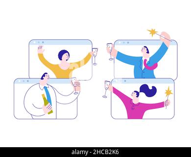 Auf der Online-Konferenzparty chatten und grüßen verschiedene Menschen. Freunde treffen sich online von zu Hause aus per Videoanruf. Flache Grafik Als Vektorgrafik Stock Vektor