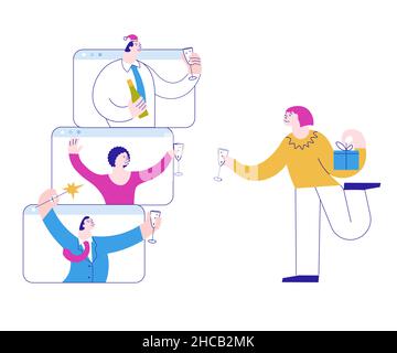Auf der Online-Konferenzparty chatten und grüßen verschiedene Menschen. Freunde treffen sich online von zu Hause aus per Videoanruf. Flache Grafik Als Vektorgrafik Stock Vektor