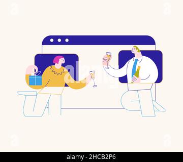 Auf der Online-Konferenzparty chatten und grüßen verschiedene Menschen. Freunde treffen sich online von zu Hause aus per Videoanruf. Flache Grafik Als Vektorgrafik Stock Vektor