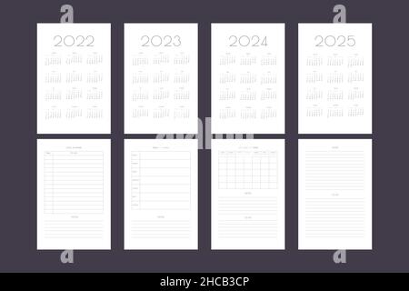 2022 2023 2024 2025 Kalender und tägliche wöchentliche persönliche Planer Kalender Vorlage. Monatskalender individueller Zeitplan minimalistisches Design für Business-Notebooks. Die Woche beginnt am sonntag Stock Vektor