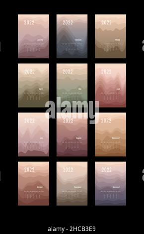 2022 vertikaler Kalender jeden Monat separat. Monatliche persönliche Planner-Vorlage. Peak Silhouette abstrakt Gradienten bunten Hintergrund, Design für Druck und digital. Stock Vektor