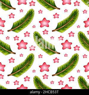 Aquarell-Malmuster aus Doodle-Tannenzweigen und roten Sternen. Design-Elemente für Winterweihnachtszeit. Postkarten, Drucke, Cover, Muster, Dekor sind sui Stockfoto