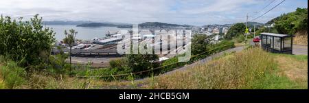 Panoramabilder, Hafen, Hafen, Stadtzentrum und Bahnhöfe, Wellington, Nordinsel, Neuseeland Stockfoto