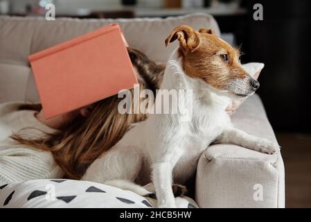 Müde Frau schläft auf der Couch mit Buch bedeckt ihr Gesicht und Hund liegt in der Nähe seines Besitzers. Freizeitkonzept. Kaukasische Frau, die sich auf dem Sofa entspannt Stockfoto