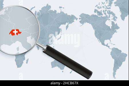 Asien-zentrierte Weltkarte mit vergrößertem Glas auf der Schweiz. Fokus auf der Karte der Schweiz auf der pazifischen Weltkarte. Vektorgrafik. Stock Vektor