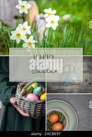 Frohe Ostern. Collage aus vier Bildern. Stimmungsbrett. Vorlage für soziale Medien. Stockfoto