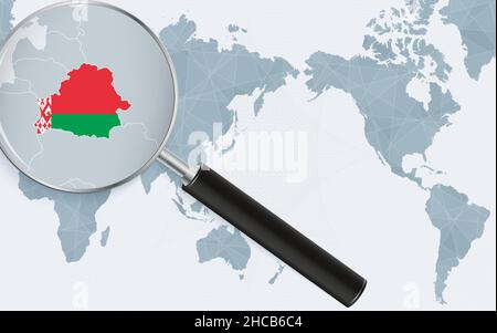 Asien-zentrierte Weltkarte mit vergrößertem Glas auf Weißrussland. Konzentrieren Sie sich auf die Landkarte von Belarus auf der pazifischen Weltkarte. Vektorgrafik. Stock Vektor