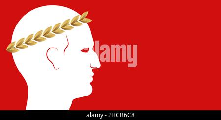 Porträt eines Führers oder Siegers, mit goldenem Lorbeerkranz, isoliert auf rotem Hintergrund. Altes Griechenland oder römischer Kaiser, kaiser, Herrscher oder König Vektorbanner mit Kopierraum. Stock Vektor