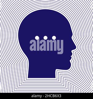 Der Kopf des Mannes mit 3 Punkten im Inneren und Wellenlinien, die sich um ihn herum ausbreiten. Wissenschaftliche, neuronale Forschung Konzept Vektor Illustration. Stock Vektor