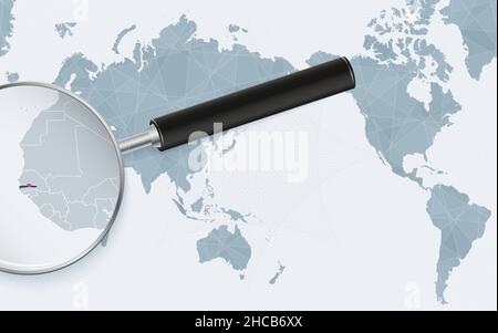 Asien-zentrierte Weltkarte mit vergrößertem Glas auf Gambia. Konzentrieren Sie sich auf die Karte von Gambia auf der pazifischen Weltkarte. Vektorgrafik. Stock Vektor