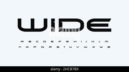 Breite abgerundete Schrift, erweitertes Alphabet. Buchstaben mit abgeschrägten Sporen für strenge Techno-Headline, erweitertes starkes Logo, Rennen, Fitness, fit, Autosport, Automobil Stock Vektor