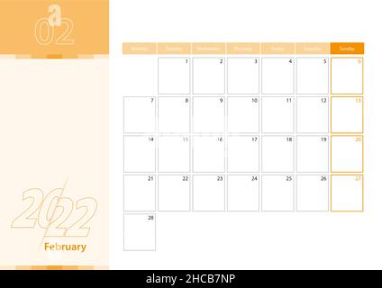 Horizontaler Planer für Februar 2022 in orange. Die Woche beginnt am Montag. Ein Wandkalender im minimalistischen Stil. Vektorkalender 202 Stock Vektor