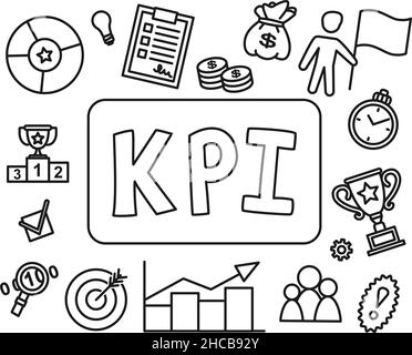 Strichkunst – Schwarz-Weiß-kpi-Poster. Konzept der Key Performance Indicators. Vektorgrafik für Icon, Broschüre, Website oder Anwendungsdekor. Stock Vektor