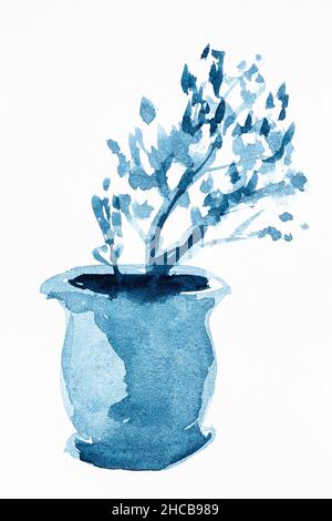 Skizze eines keramischen Blumentopfes mit kleinem Baum, von Hand von Aquarell auf weißem strukturiertem Papier gezeichnet Stockfoto