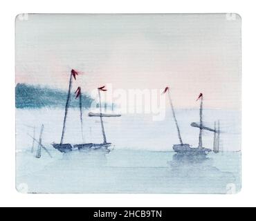 Handgefertigte Miniatur mit Fischerbooten im Meer bei Sonnenuntergang, handgezeichnet von Aquarellen auf weißem, strukturiertem Papier, isoliert auf weißem Hintergrund Stockfoto