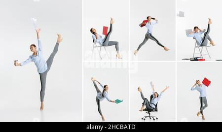 Collage aus einer jungen Frau im offiziellen Anzug, tanzenden Büromitarbeiterinnen und hüpfenden isoliert auf weißem Hintergrund Stockfoto