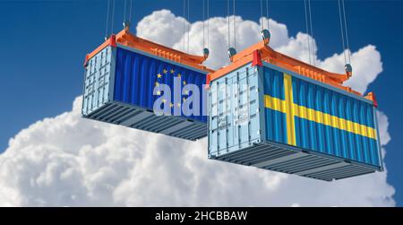 Frachtcontainer mit Flaggen der Europäischen Union und Schwedens. 3D Rendering Stockfoto