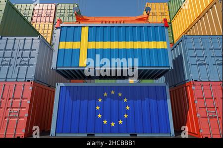 Frachtcontainer mit Flaggen der Europäischen Union und Schwedens. 3D Rendering Stockfoto