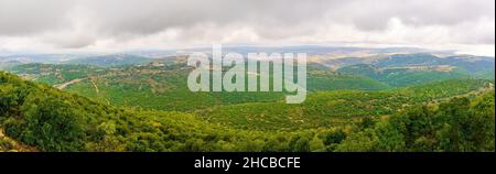 Panoramablick auf das Obergalilea und den Südlibanon vom Berg Adir an einem Wintertag. Nord-Israel Stockfoto